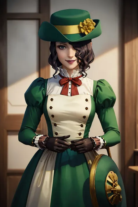 (masterpiece, best quality:1.2), solo, 1girl, mayonedssh, smile, looking at viewer, hat, green dress, gloves, hair over one eye, makeup, lipstick, black hair, puffy sleeves <lora:zs_Mayone:1>