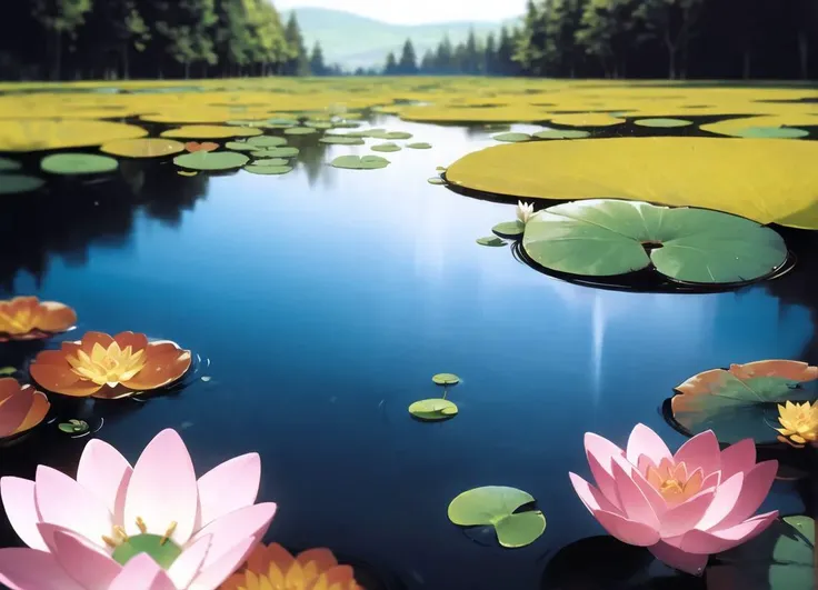 masterpiece,highres, thiccwithaq  <lora:thiccwithaQ-17:1>, landscape, forest, lake, reflection, sun, detailed background, water lily, lily pad