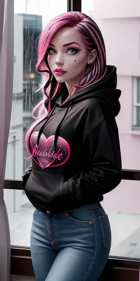 (masterpiece, vibrant colors, super high realism, hyperrealistic, high quality, 64k, uhd, extremely detailed, extremely intricate, professional)
BREAK
dark, lightning, rain, heavy rain, drops of water in the window, bright lightning
heart shaped, face tattoo, pink heart, Draculaura, 1girl, pink hair, multicolored hair, black hair,  pink eyes, prom queen, wearing hoodie and jeans, <lora:MonsterHigh1.0:0.85>