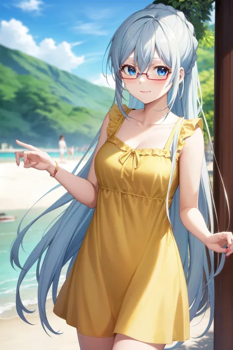 eleonora bonnefoy, 1girl, <lora:EleonoraBonnefoyV20:1>, beach dress, light smile, beach, water,, , highres, absurdres,