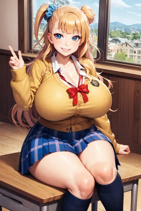 masterpiece, best quality,,gigantic breasts,smile,school classroom, sitting,on desk,plaid skirt,galkoschool <lora:galko4:1>