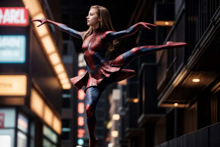 Marvel movies,full body,photo of a 18 year old girl,spiderman,happy,practicing ballet,ray tracing,detail shadow,shot on Fujifilm X-T4,85mm f1.2,sharp focus,depth of field,blurry background,blurry foreground,bokeh,lens flare,motion blur,<lora:add_detail:1>,