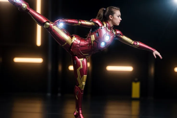 Marvel movies,full body,photo of a 18 year old girl,ironman,happy,practicing ballet,ray tracing,detail shadow,shot on Fujifilm X-T4,85mm f1.2,sharp focus,depth of field,blurry background,blurry foreground,bokeh,lens flare,motion blur,<lora:add_detail:1>,
