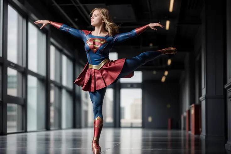 DC movies,full body,photo of a 18 year old girl,supergirl,happy,practicing ballet,ray tracing,detail shadow,shot on Fujifilm X-T4,85mm f1.2,sharp focus,depth of field,blurry background,blurry foreground,bokeh,lens flare,motion blur,<lora:add_detail:1>,