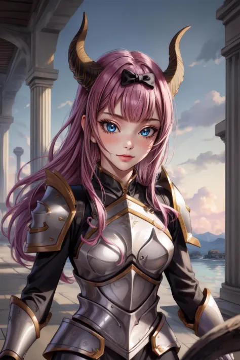 (masterpiece, best quality),  intricate details,
1girl,   <lora:chikafujiwaratest:0.8> chika fujiwara, black bow, blue eyes, blunt bangs, hair bow, long hair, pink hair,,
 <lora:slaanesh:0.8> slaanesh, horns, (purple armor:1.2), monster girl, demon girl,  tentacles,  
<lora:add_detail:0.8> <lora:A3D_Beta:0.6>