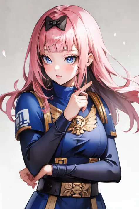 (masterpiece, best quality),  intricate details,
1girl,   <lora:chikafujiwaratest:0.8> chika fujiwara, black bow, blue eyes, blunt bangs, hair bow, long hair, pink hair,,
 <lora:Primarismarines4:0.8> Primaris,