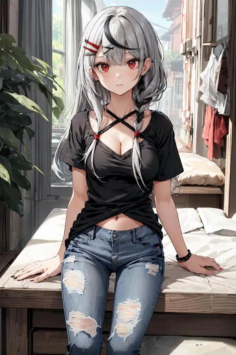 (best quality:1.2),absurdres, 1girl,solo,looking at viewer,natural face,sakamata chloe, medium breasts, (cleavage:1.1),navel, multicolored hair, red eyes, x hair ornament, hair ornament, grey hair, streaked hair, black hair, braid, bangs, nail polish, hairclip, ahoge,long hair,(black shirt,short sleeves:1.3),(long damage jeans:1.3),fullbody,covering chest by hand
<lora:Silicon-landscape-isolation:0.5> <lora:sakamata chloe_v1:0.5>