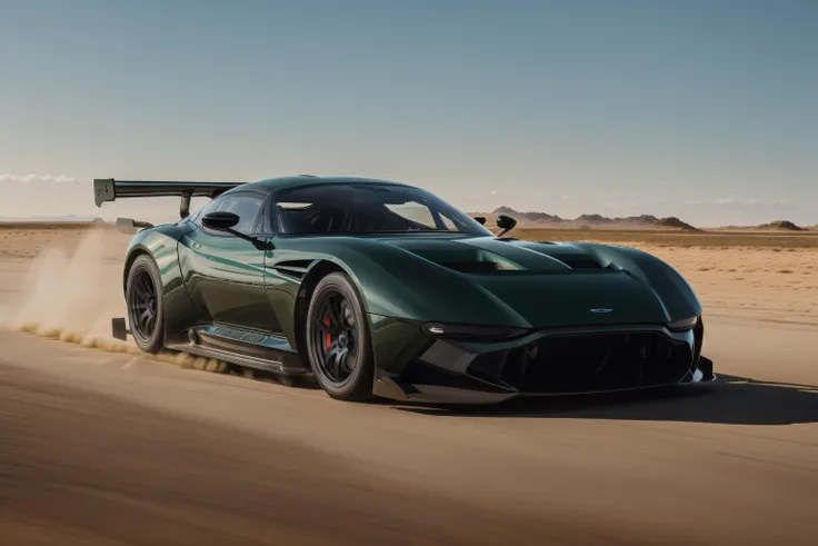 (Masterpiece)), ((Best Quality)), (detailed), award-winning, British racing green amvulcan sports car in motion, driving through a sandy desert, highly detailed, fine detail, intricate, insanely detailed, volumetric lighting, vivid colors, ((masterpiece)), absurdres <lora:astonMartinVulcan_e5:0.6> <lora:theovercomer8sContrastFix_sd15:0.5>
