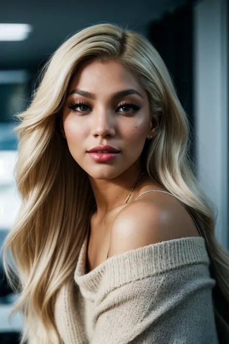 photo of fit (ElizJ0l3-135:0.99), blonde, a beautiful woman, perfect hair, (modern photo), Off-the-shoulder knit poncho, portrait, 85mm, (analog, cinematic, film grain:1.3), (Genetic Lab, Cutting-edge lab with DNA manipulation, incubation chambers, and genetically modified organisms.), detailed eyes, seductive pose, painted lips, (epiCPhoto), (looking at viewer:1.1), jewelry, (cinematic shot:1.3), (natural lighting, lit from above), <lora:add_detail:0.5>