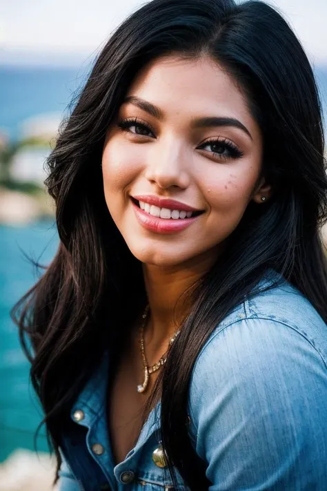 photo of beautiful (ElizJ0l3-135:0.99), a woman, perfect hair, laughing, (modern photo), wearing (a Embellished top and ripped jeans) with brooch, portrait, 85mm, (analog, cinematic, film grain:1.3), (Sky Ocean Planet, Ocean planet with floating islands and sky-bound waterfalls.), detailed eyes, professional pose, painted lips, (epiCPhoto), (looking at viewer:1.1), (cinematic shot:1.3), (natural lighting, lit from above), <lora:add_detail:0.5>
