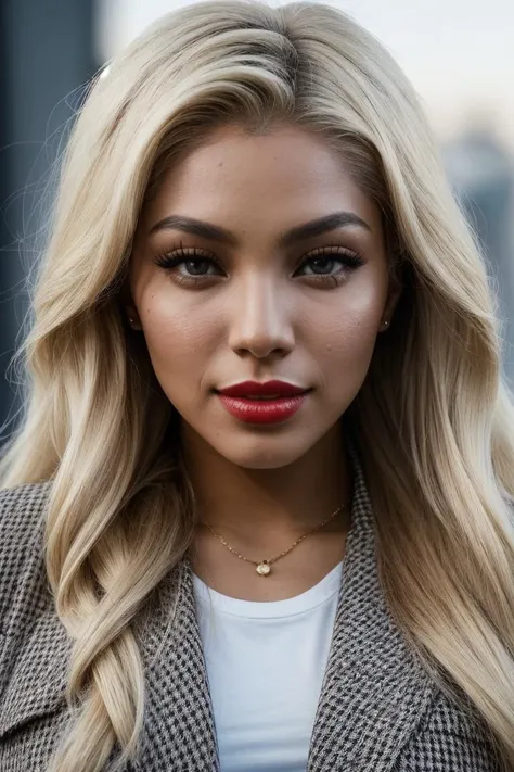 photo of fit (ElizJ0l3-135:0.99), blonde, a beautiful woman, perfect hair, (modern photo), Longline blazer coat in a houndstooth pattern with a tailored and sophisticated style, portrait, 85mm, (analog, cinematic, film grain:1.3), (Mars Habitat Prototype, Prototype habitat testing potential living conditions for Martian colonies.), detailed eyes, seductive pose, painted lips, (epiCPhoto), (looking at viewer:1.1), jewelry, (cinematic shot:1.3), (natural lighting, lit from above), <lora:add_detail:0.5>