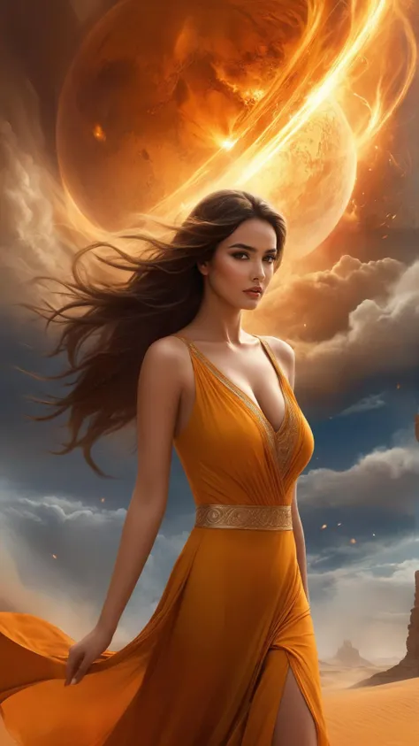(((best quality)), (real), (masterpiece),realistic,(realism),ultra high res,(photorealistic:1.4),8k post-production,reality,ultra detailed,ultra high res,extreme detail description,highly detailed,Professional,full shot,(intricate:0.7),
,(1girl:1.2),solo, 
,long hair,flying hair,sexy,
seductive leaning forward, detailed skin, detailed face,
looking at viewer,  perfect face,evil  smile,big black eyes,bright pupils,
huge breasts,huge ass,narrow waist,cleavage,
high heels,  lace skirt,
<lora:xl-shanbailing-1003fire-000010:0.8>,an extremely beautiful girl is performing fireball magic, wrapped in flames soaring flames radiating sparks,
<lora:Noah Bradley Style:0.6>Noah Bradley Style - A striking environment concept art by Roberto Ferri in the style of speed painting for a DnD game, depicting a desert enduring relentless sandstorms. The scene paints a picture of chaos and beauty as swirling clouds of sand reshape the landscape, constantly in motion under the turbulent winds. Leveraging digital painting, Ferri seamlessly merges the realms of reality and fantasy to encapsulate the relentless ferocity and ethereal beauty of the desert storms. The lighting, muted and diffused by the sand-choked air, casts a surreal, amber glow throughout the scene, and the colour palette concentrates on a spectrum of desert hues: burnt sienna, golden yellow, and sandy beige against the stark, deep blue of the stormy horizon. The composition employs a panoramic lens perspective to magnify the sprawling desert and the formidable presence of the sandstorms.
,<lora:add-detail-xl:0.6>,