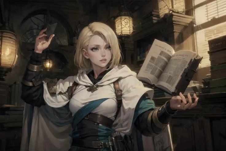 masterpiece, best quality, detailed face, detailed eyes, highres, sharp,
Claire, 1girl, Caucasian, blonde hair, black eyes, short hair, yellow eyes,
slim, small breasts, detailed lips, fine lips, serious, concentrated,
Dress in Sage's robes, hood down, blue-robes, casting runes,
standing In the office, full body,