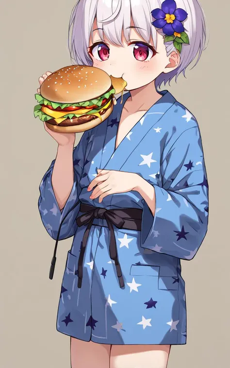 eating gurger, holdinf burger <lora:_sdxl-dokaguiburger-pony:0.8> dokaguiburger, 1girl, kid , flat chest , skindentation, starry print flower pattern yukata, geta, hair flowers kanzashi