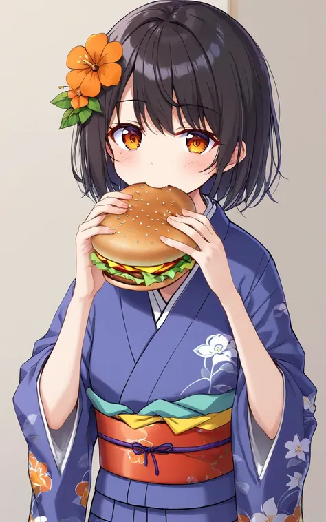 eating gurger, holdinf burger <lora:_sdxl-dokaguiburger-pony:0.8> dokaguiburger, 1girl, childish , small beasts , skindentation, orange flower pattern japanese clothes kimono, zouri, hair flowers kanzashi