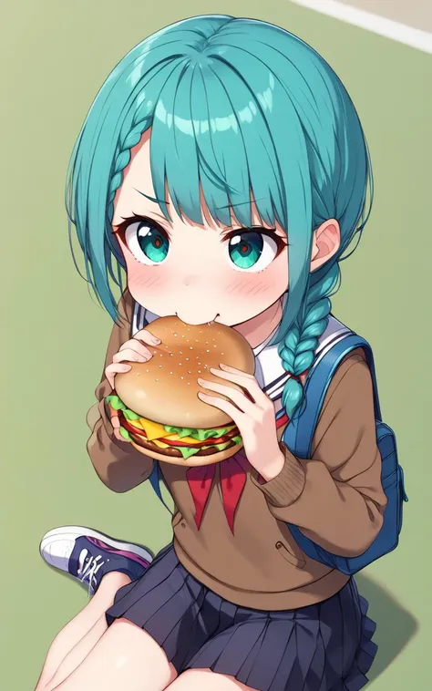 eating gurger, holdinf burger <lora:_sdxl-dokaguiburger-pony:0.8> dokaguiburger, 1girl, kid petite , small beasts , skindentation, +++ 
green eyes odd eyes , 
light indigo hair, 
short hair , 
braided bun, 
drill hair , 
diagonal bangs, 
sideburns , 
nose blush , 
+++, +++ Sitting, wariza ,from above, looking up, Overhead Shot, contrapposto, dynamic pose, cinematic lighting, smirk, Birthing Center , Crowds, bustle, congestion. Hard Light, bokeh, depth of field, Crowds, bustle, congestion, serafuku , red  mini  pleated skirt, white  long sleeve, sweater , fishnet tights, sneakers , shoulder_bag