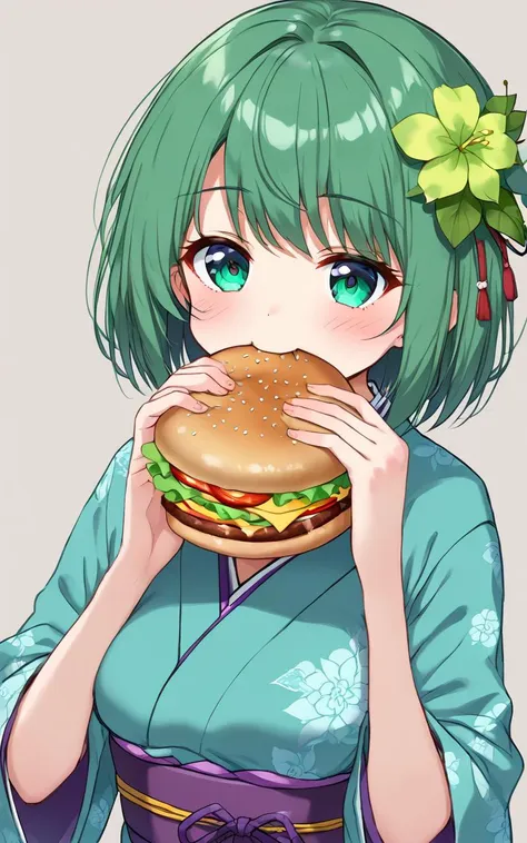 eating gurger, holdinf burger <lora:_sdxl-dokaguiburger-pony:0.8> dokaguiburger, 1girl, blooming , medium breasts , skindentation, green flower pattern japanese clothes kimono, zouri, hair flowers kanzashi