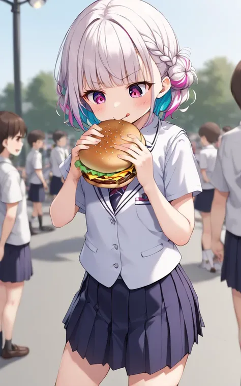 eating gurger, holdinf burger <lora:_sdxl-dokaguiburger-pony:0.8> dokaguiburger, 1girl, teen , flat chest , skindentation, +++ 
gradient eyes odd eyes , 
dark multicolored hair, 
medium hair , 
braided bun, 
wavy hair , 
diagonal bangs, 
sideburns , 
blush , 
+++, +++ Holding head with both hands ,From a Distance, looking down, Aerial Shot, contrapposto, dynamic pose, cinematic lighting, smirk, tongue, :P, Yoga Studio , Crowds, bustle, congestion. Hard Light, bokeh, depth of field, Crowds, bustle, congestion, school uniform , white  knee-length  pleated skirt, white  vest , slouch socks, loafers ,