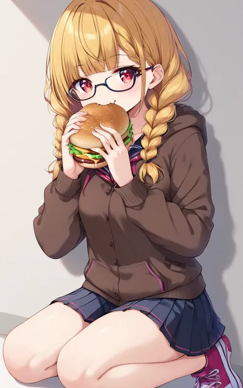 eating gurger, holdinf burger <lora:_sdxl-dokaguiburger-pony:0.8> dokaguiburger, 1girl, opaque_glasses , young , medium breast , red eyes, , bright multicolored hair, long hair , twin braids, wavy hair , diagonal bangs, , , , serafuku , aqua long pleated skirt, brown long sleeve hoodie , fishnet tights, sneakers , , Joyful