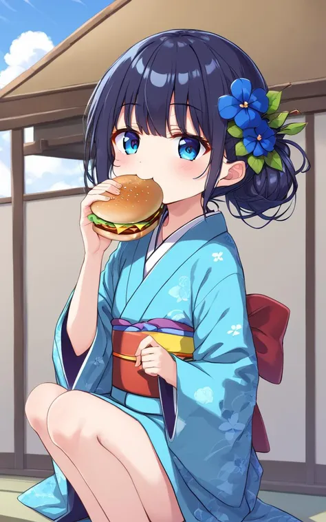 eating gurger, holdinf burger <lora:_sdxl-dokaguiburger-pony:0.8> dokaguiburger, 1girl, teen , flat chest , skindentation, sky blue flower pattern japanese clothes kimono, geta, hair flowers kanzashi