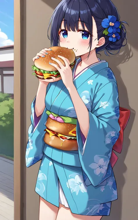 eating gurger, holdinf burger <lora:_sdxl-dokaguiburger-pony:0.8> dokaguiburger, 1girl, childish , small beasts , skindentation, sky blue flower pattern japanese clothes kimono, geta, hair flowers kanzashi