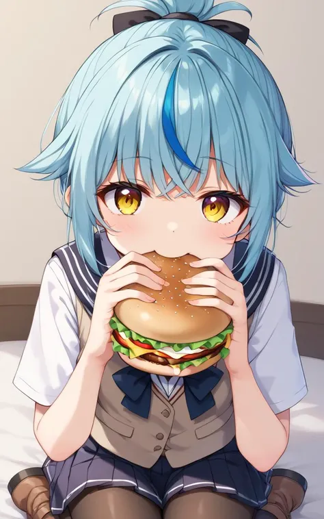 eating gurger, holdinf burger <lora:_sdxl-dokaguiburger-pony:0.8> dokaguiburger, 1girl, , cute petite , flat chest , yellow eyes, heterochromia,odd eye , light  blue hair, medium hair , folded ponytail, streaked hair , crossed bangs, hair flaps , , , serafuku , white  long  pleated skirt, white  vest , pantyhose, work boots , , whiskers