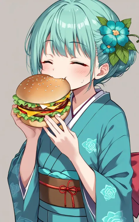 eating gurger, holdinf burger <lora:_sdxl-dokaguiburger-pony:0.8> dokaguiburger, 1girl, petite , small beasts , skindentation, turquoise flower pattern japanese clothes kimono, geta, hair flowers kanzashi