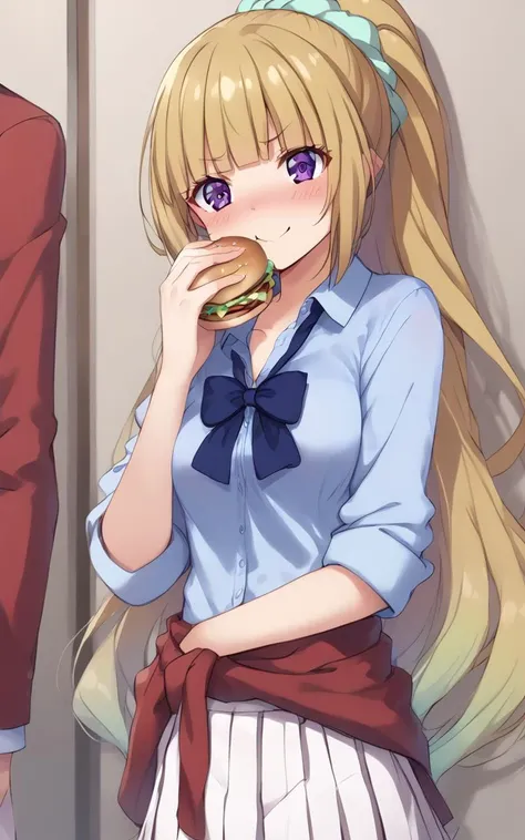 eating gurger, holdinf burger <lora:_sdxl-dokaguiburger-pony:0.8> dokaguiburger, 1girl, <lora:sdxl-yoji-karuizawa-pony:0.9> karuizawa kei, clear violet eyes, medium breasts, slender, skindentation, gradient hair [ yellow:turquoise:0.8 ] hair, very long hair, shiny hair, sidelocks. blunt bangs, highponytail, head_scrunchie +++ sleeves rolled up light skyblue school shirt, white skirt pleated skirt, darkblue bowtie, around waist a red jacket, navy socks, Loafers +++ embarrassed nose blush smile