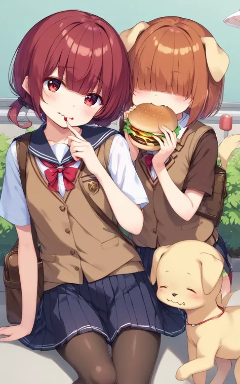 eating gurger, holdinf burger <lora:_sdxl-dokaguiburger-pony:0.8> dokaguiburger, 1girl, opaque_glasses , petite , flat chest , burgundy eyes, , pale  burgundy hair, short hair , retriever hair, , hair over eyes, covered eyes, blunt bangs, hair flaps , , head_tilt , serafuku , coral  long  pleated skirt, brown  vest , pantyhose, loafers , shoulder_bag , wavy mouth