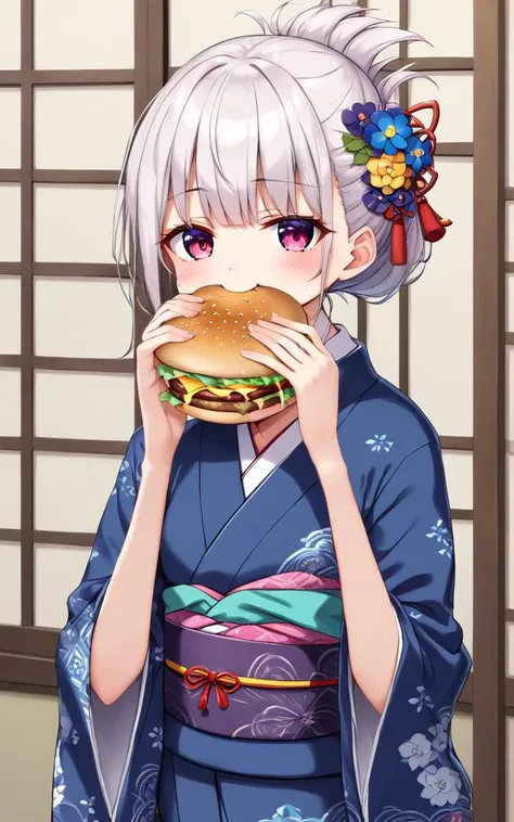 eating gurger, holdinf burger <lora:_sdxl-dokaguiburger-pony:0.8> dokaguiburger, 1girl, petite , small beasts , skindentation, intricate japanese_clothes kimono, ornate flower embroidery kimono, detached sleevs, very baggy and wide sleeves, intricate flower_print kimono, intricate furisode, print_kimono, geta, White fur, japanese hair ornament folded ponytail