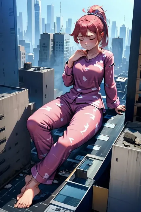 <lora:GTS:1>,1girl, sleeping, in pajamas, tired, snoring, city, medium shot, full body, ponytail, hair, gts, city, buildings, rampage, destruction