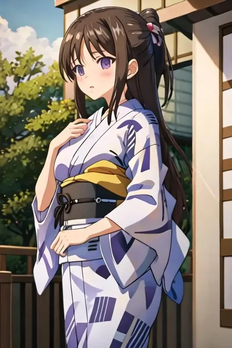 best quality, masterpiece, highres, solo, {yukata:1.40}, {kimono:1.20}, {marina_akizuki_onichichi:1.15}, brown_hair, blush, long_hair, purple_eyes, breasts, large_breasts