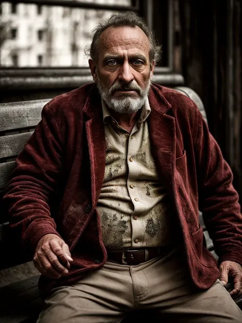 A rugged man, wearing a suit jacket and pants, sitting on a bench, in an abandoned building, dragan <lora:dragan-06:0.8>, (RAW photo:1.3), sharp focus, 8k, uhd, soft lighting, high quality, beautiful, professional, hyperrealistic, depth of field,
Hyperdetailed, analog style, realistic, soft shadows, masterpiece, best quality, ultra realistic, 8k, golden ratio, intricate, High Detail, film photography, soft focus