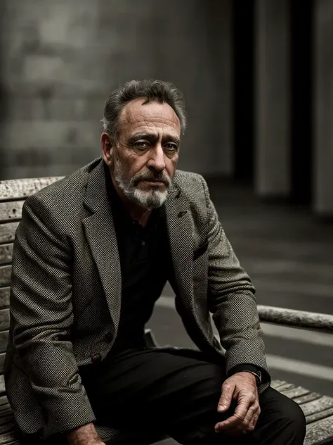 A rugged man, wearing a suit jacket and pants, sitting on a bench, in an abandoned building,  draganv2  <lora:draganv2-06:1>, (RAW photo:1.3), sharp focus, 8k, uhd, soft lighting, high quality, beautiful, professional, hyperrealistic, depth of field, 
Hyperdetailed, analog style, realistic, soft shadows, masterpiece, best quality, ultra realistic, 8k, golden ratio, intricate, High Detail, film photography, soft focus