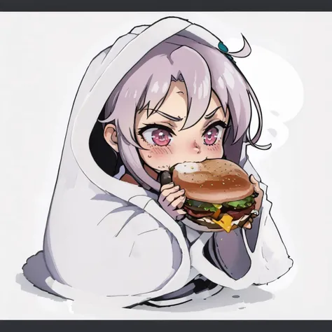 masterpiece, best quality, <lora:cozyblanket-nvwls-v1:1>, cozyblanket, chibi, simple background, 1girl <lora:borger-nvwls-ver-2:1> holding huge burger with both hands, eating