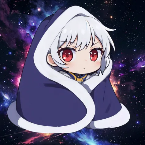 masterpiece, best quality, 1girl, solo, chibi, <lora:cozyblanket-nvwls-v1:1> cozyblanket, black bodysuit, neon trim, white hair, red eyes, floating hair, space, galaxy, nebula, night sky, starry sky, starry sky print, starry background, star \(sky\)