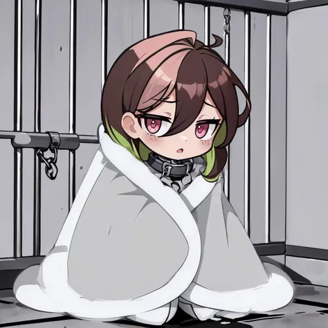 masterpiece, best quality, 1girl, solo, <lora:guilty-nikke-richy-v5:1> guilty \(nikke\), <lora:cozyblanket-nvwls-v1:1> cozyblanket, sleepy, :o, chibi, chain, brown hair, two-tone hair, colored inner hair, green hair, pink eyes, collar, (prison cell, bars, concrete, iron bars:1.4), white bodysuit