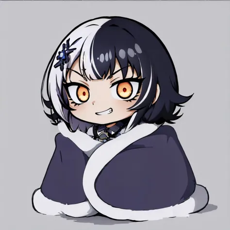 (masterpiece, best quality:1.2), chibi, solo, 1girl, shiorinovella, evil grin, cozyblanket, split-color hair, hair ornament, crazy eyes, glowing eyes, simple backgroun <lora:CHAR-ShioriNovella_v1.0:0.9> <lora:cozyblanket-nvwls-v1:1>