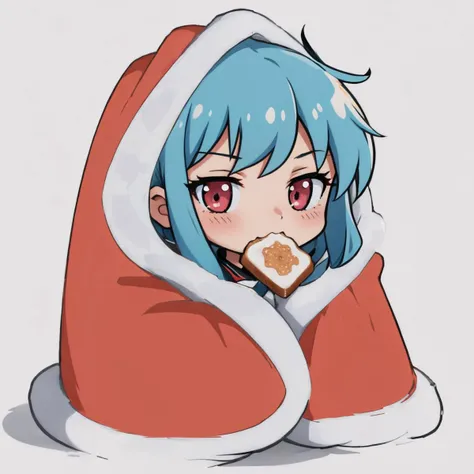 masterpiece, best quality, <lora:cozyblanket-nvwls-v1:1>, cozyblanket, chibi, simple background, 1girl , toast in mouth<lora:toast-nvwls-v1:1>