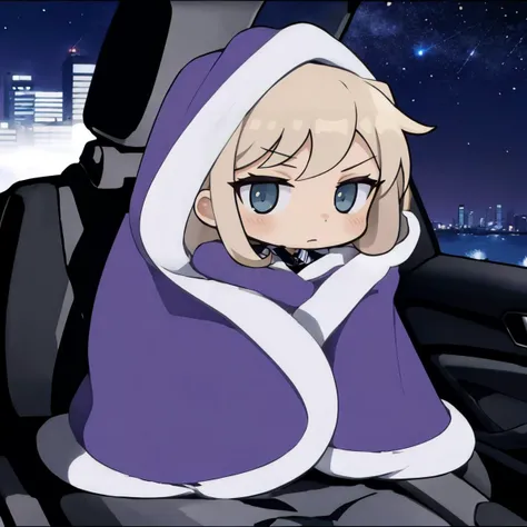 masterpiece, best quality, 1girl, solo, chibi, <lora:cozyblanket-nvwls-v1:1> cozyblanket, car, lamborghini, city, night sky
