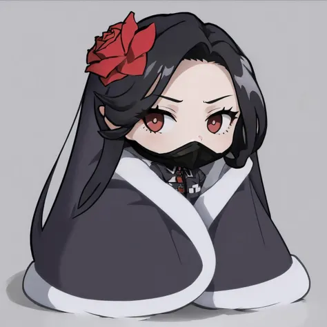 masterpiece, best quality, 1girl, solo, chibi, <lora:cozyblanket-nvwls-v1:1> cozyblanket, <lora:maiden-nikke-richy-v1:1> maidendef, hair flower, hair ornament, black coat, long sleeves, face mask, black mask, spikes