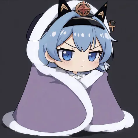 masterpiece, best quality, 1girl, solo, chibi, <lora:cozyblanket-nvwls-v1:1> cozyblanket, <lora:helm-nikke-richy-v2:1> helmrnd, white hat, peaked cap