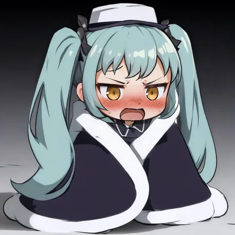 masterpiece, best quality, 1girl, solo, chibi, <lora:cozyblanket-nvwls-v1:1> cozyblanket, <lora:privaty-nikke-richy-v1:1> privaty \(nikke\), blush, shy, embarrassed, twintails, white hat