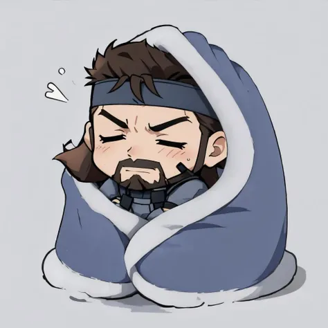 masterpiece, best quality, solid snake, headband, facial hair, closed eyes, smile, cozyblanket, chibi, simple background, blue blanket <lora:cozyblanket-nvwls-v1-000006:1> <lora:solidsnake-nvwls-v1-final:1>