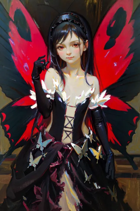 masterpiece, best quality, highres, 1girl, hairband black dress frills black gloves elbow gloves butterfly wings <lora:classic_oil_painting:1> <lora:kuroyukihime:1>