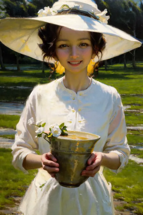 masterpiece, best quality, highres, 1girl out doors, white dress white hat smile <lora:classic_oil_painting:1>