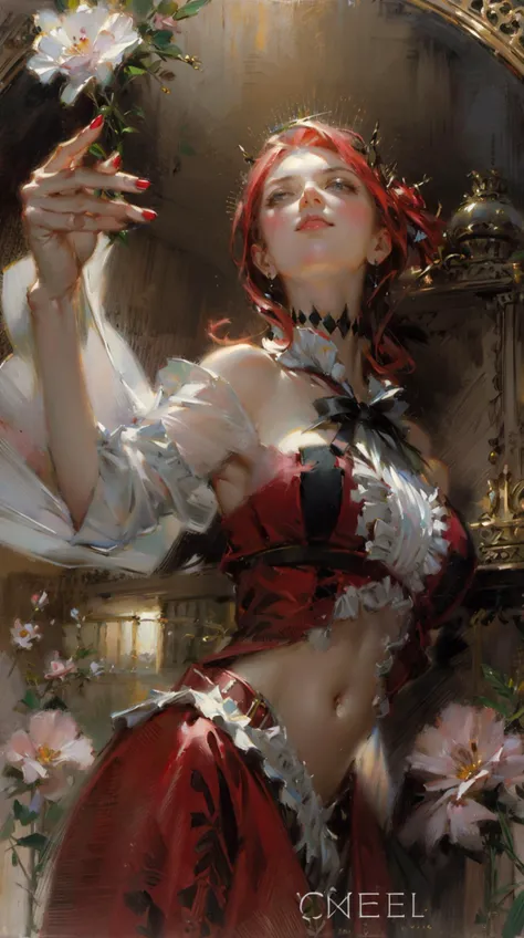 RED HAIR,
PALE SKIN,
EARRINGS,
PINK HAIR,GREY EYES,LONG HAIR,DIAMOND CHOKER,BLACK ASCOT,DETACHED COLLAR,CENTER FRILLS,RED DRESS,RED DETACHED SLEEVES,RED BELT,WHITE SKIRT,RED THIGH BOOTS,RED THIGH STRAPS,ballet,<lora:baobhanASC1v6-14:1>,outdoors,<lora:classic_oil_painting:0.4>,red_flowers,, (style of Jon Foster:0.2),(style of Alex Russell Flint:0.2),(style of Bob Eggleton:0.2),(style of Pino Daeni:0.2),BREAK (oil painting:1.2),(oil painting style),illustration,Fantasy Art,mystique,visual impact,incredible details