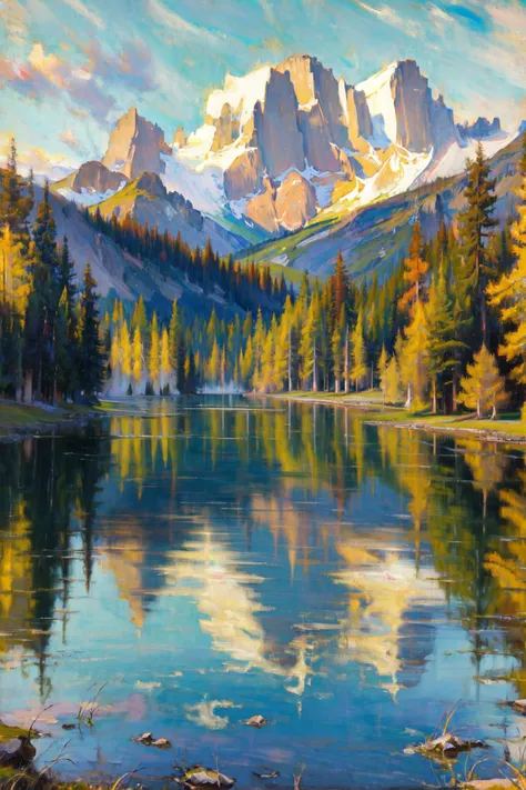 masterpiece, best quality, highres, scenery, lake <lora:classic_oil_painting:1>
