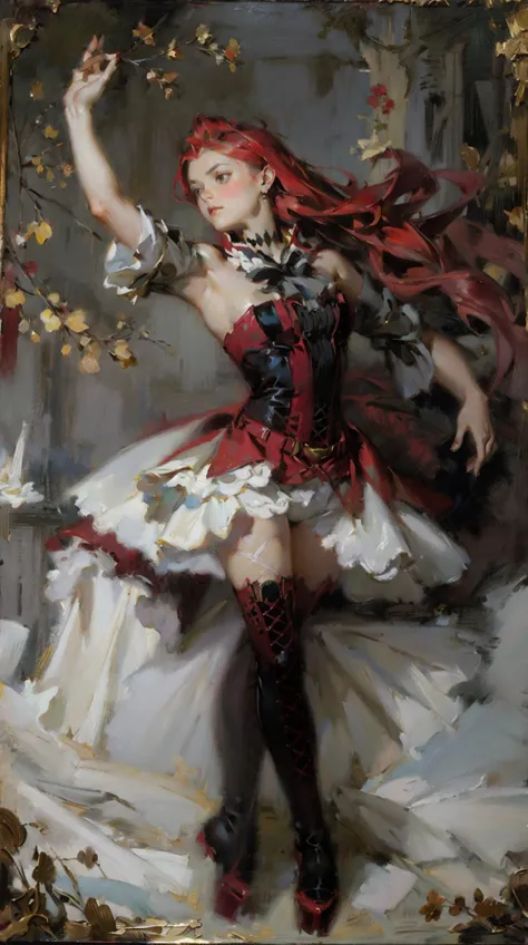 RED HAIR,
PALE SKIN,
EARRINGS,
PINK HAIR,GREY EYES,LONG HAIR,DIAMOND CHOKER,BLACK ASCOT,DETACHED COLLAR,CENTER FRILLS,RED DRESS,RED DETACHED SLEEVES,RED BELT,WHITE SKIRT,RED THIGH BOOTS,RED THIGH STRAPS,ballet,<lora:baobhanASC1v6-14:1>,outdoors,<lora:classic_oil_painting:0.4>,red_flowers,(solo:1.2),, (style of Jon Foster:0.2),(style of Alex Russell Flint:0.2),(style of Bob Eggleton:0.2),(style of Pino Daeni:0.2),BREAK (oil painting:1.2),(oil painting style),illustration,Fantasy Art,mystique,visual impact,incredible details