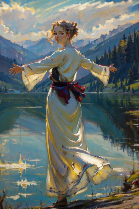 masterpiece, best quality, highres, scenery, lake, 1girl, looking back, outstretched arms, looking at viewer <lora:classic_oil_painting:1>